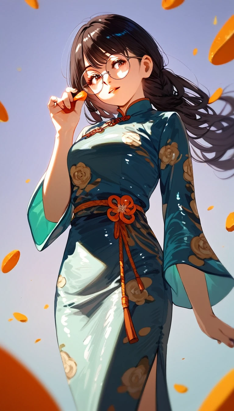 score_9, score_8_up, score_7_up, detailed, rating safe, absurdity, face focus, 1girl, 20years old, shiny skin, Mandarin dress, round glasses,