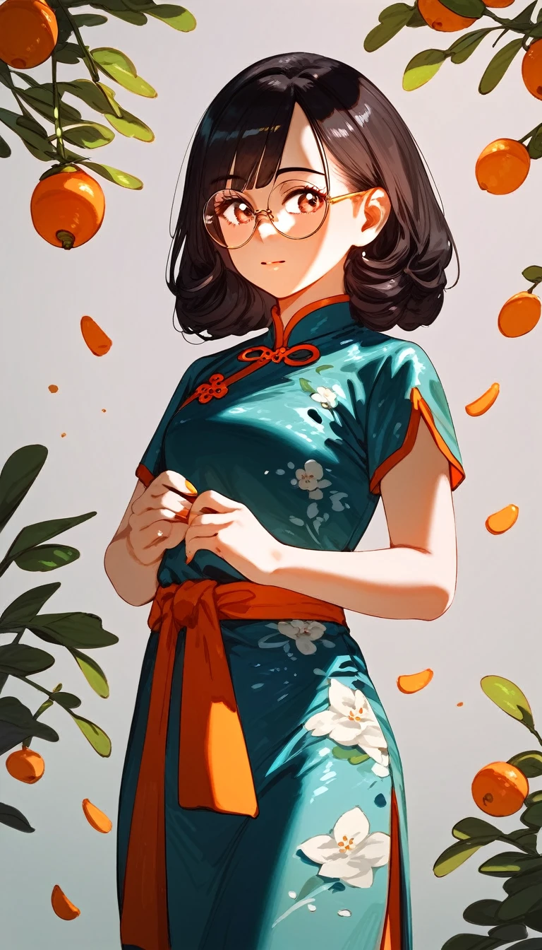 score_9, score_8_up, score_7_up, detailed, rating safe, absurdity, face focus, 1girl, 20years old, shiny skin, Mandarin dress, round glasses,