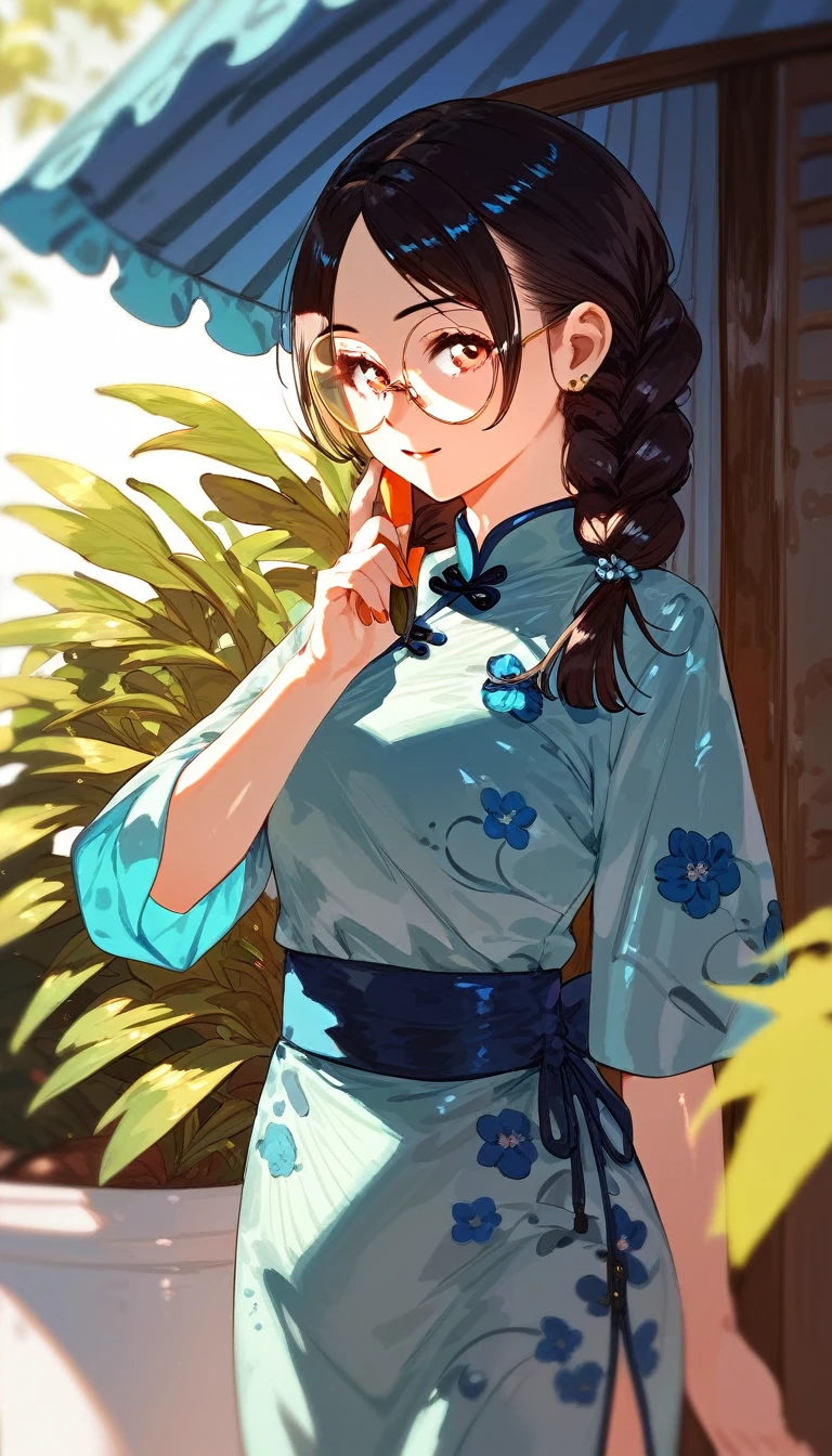 score_9, score_8_up, score_7_up, detailed, rating safe, absurdity, face focus, 1girl, 20years old, shiny skin, Mandarin dress, round glasses,