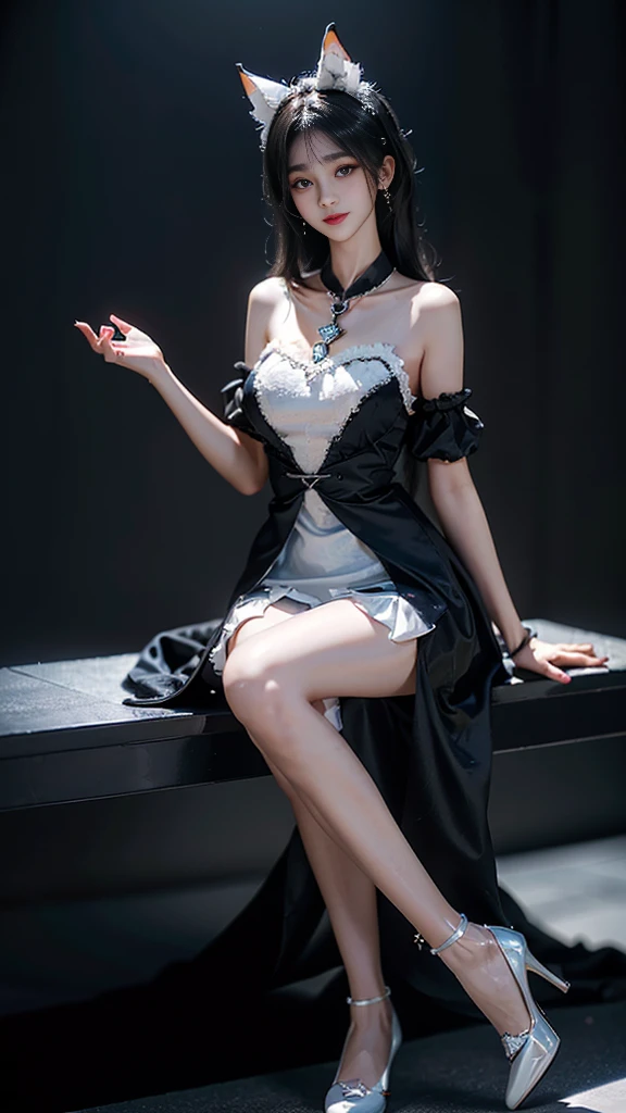 shinano role play costume, role play, High Leg Raise, High heel, transparent, Fox Tail, Many tails, ((whole body)), ((Shot from random angles)), ((Sitting)), ((In class, Sitting on the podium)), (yushuxin,1 Girl,Solitary), Clear face, Pretty Face, 8K, masterpiece, original photo, best quality, detail:1.2,lifelike, detail, Very detailed, CG, Unite, wallpaper, Depth of Field, light, lens flare, Ray Tracing, (Extremely beautiful face, Beautiful lips, beautiful eyes), complex, detail的脸, ((ultra detailed skin)), 1 girl, in the darkness, Deep Shadows, Beautiful Korean girl, Korean Idol,(Very slim figure:1.3), Full breasts, Large Breasts, Slender sexy legs, Very beautiful legs, Elegant Posture, (A bright smile), (City night, (Neon), (night), Beautiful Korean girl, White Diamond Earrings, Bracelet diameter, Deya Necklace, Clear eyes, (big eyes)