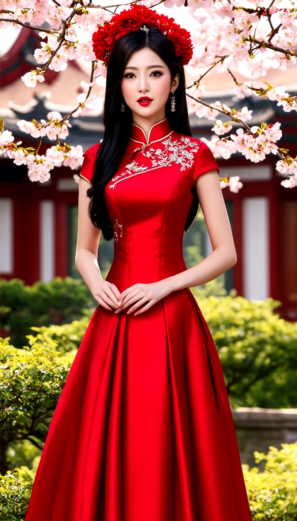 beautiful detailed asian woman in a red cheongsam dress, elegant pose, cinched waist, long black hair, porcelain skin, red lips, floral headpiece, standing in a traditional chinese garden with cherry blossoms, golden light, intricate architecture in the background, (best quality,4k,8k,highres,masterpiece:1.2),ultra-detailed,(realistic,photorealistic,photo-realistic:1.37),cinematic lighting,highly detailed,intricate details,dramatic lighting,muted colors,elegant,beautiful