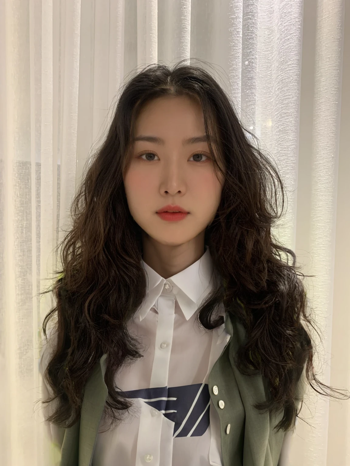 Best Quality, 8k, Masterpiece, (Portrait: 1.3), (photo realistic:1.4), (hyper realistic:1.4), Sharp Focus, looking at viewer, (smoother lighting:1.1), (increase cinematic lighting quality:0.9), realistic lighting, backlighting, light on face, ray trace, (brightening light:1.2), (Increase quality:1.4), sharp detail, (best quality real texture skin:1.4), finely detailed eyes, black_eyes, finely detailed face, 25 year old Korean woman, ( formal_shirt:1.4), (Create an image maintaining the original base model hairstyle:1.5)