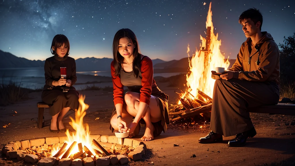 Woman having a bonfire at night