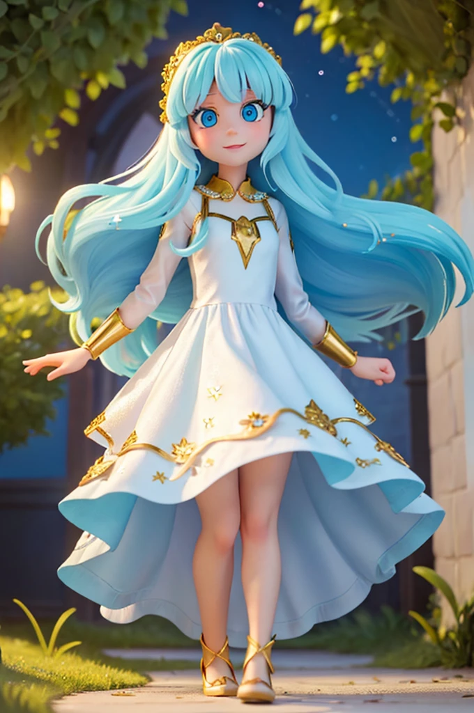 a human girl, with long golden hair and large light blue eyes, has numerous sparkles in her eyes, has a night dress and has a amazed expression as she finds herself in a magical floral world, she smiling