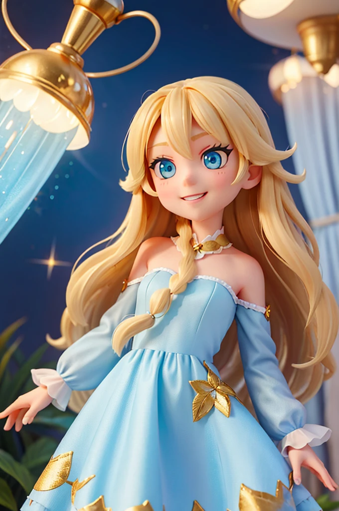 a human girl, with long golden hair and large light blue eyes, has numerous sparkles in her eyes, has a night dress and has a amazed expression as she finds herself in a magical floral world, she smiling