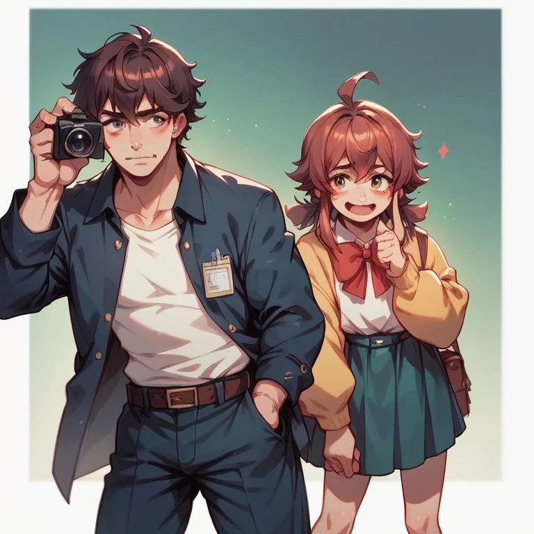 two students, a boy and a girl, both holding video camera and standing in front of a lot of televisions showing different scenes of school lives