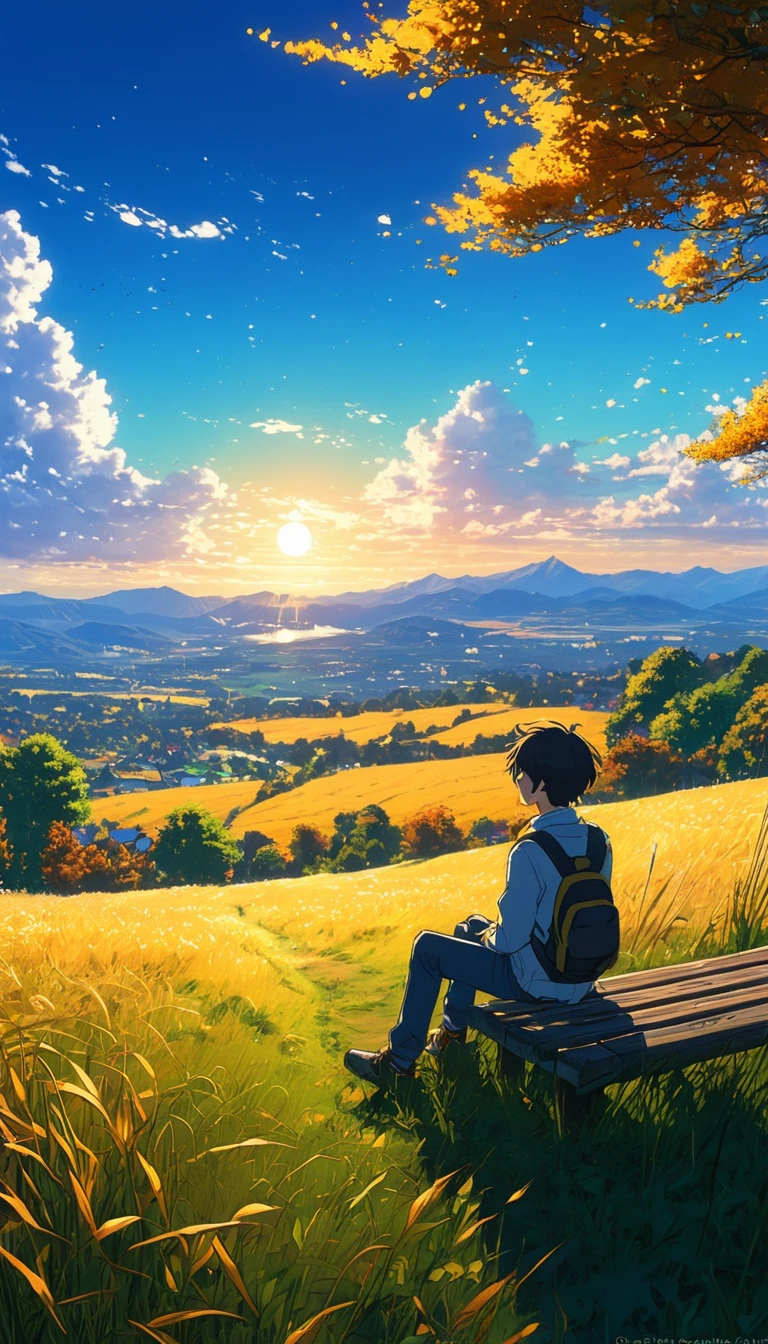 Creates an image of a serene, sunlit rural scene in a vibrant and detailed anime style. The scene is a boy sitting next to a tree in an autumn meadow, watching a vast golden yellow sky with bench spots, incredible sunset, tall grasses, makoto shinkai cyril rolando, 4k anime art wallpaper, small grass, shadows in the leaves of the trees and clouds, and. In the background you can see an infinite mountain range. The sky is a bright blue, dotted with fluffy white clouds. The overall atmosphere is calm and nostalgic, evoking a warm summer day.