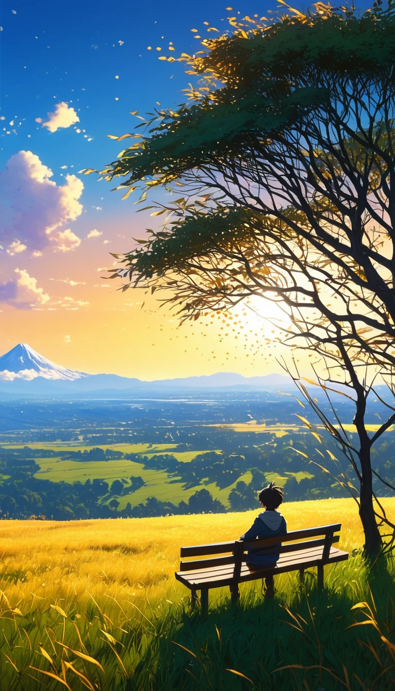 Creates an image of a serene, sunlit rural scene in a vibrant and detailed anime style. The scene is a boy sitting next to a tree in an autumn meadow, watching a vast golden yellow sky with bench spots, incredible sunset, tall grasses, makoto shinkai cyril rolando, 4k anime art wallpaper, small grass, shadows in the leaves of the trees and clouds, and. In the background you can see an infinite mountain range. The sky is a bright blue, dotted with fluffy white clouds. The overall atmosphere is calm and nostalgic, evoking a warm summer day.