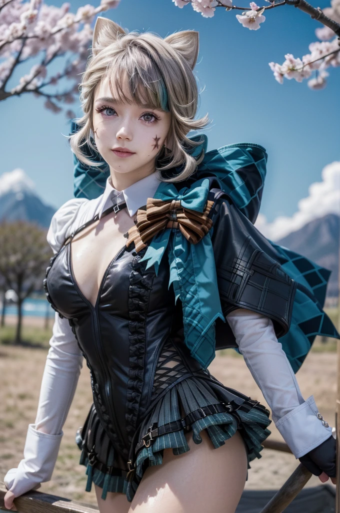 (masterpiece, Best Quality, Glowing light, Glistening, Shiny skin, ultra-detailliert, Detailed background, Complex background), (Perfect face, Detailed face, Detailed eyes, Perfect hands, Perfect fingers), (Small boobs:1.2, Smile), (mature female:1.4), Cowboy Shot, Chic,
Lynette, ((Gradient Hair)), Gradient Eyes, (Glowing eyes:1.3), mascara, (fashion make up), Parted lips, Animal ears, Cat ears, animal ear fluff, Bow, The tail is growing, tail, Cat tail, pantyhose, Long sleeves, Black Gloves, braid, Skirt, Black pantyhose,
((mountain ranges, waterside, cherry trees, Cherry blossom petals, Dark blue sky)), ((hyper detailed background)), Dynamic Poses, ((8K Wallpaper)),