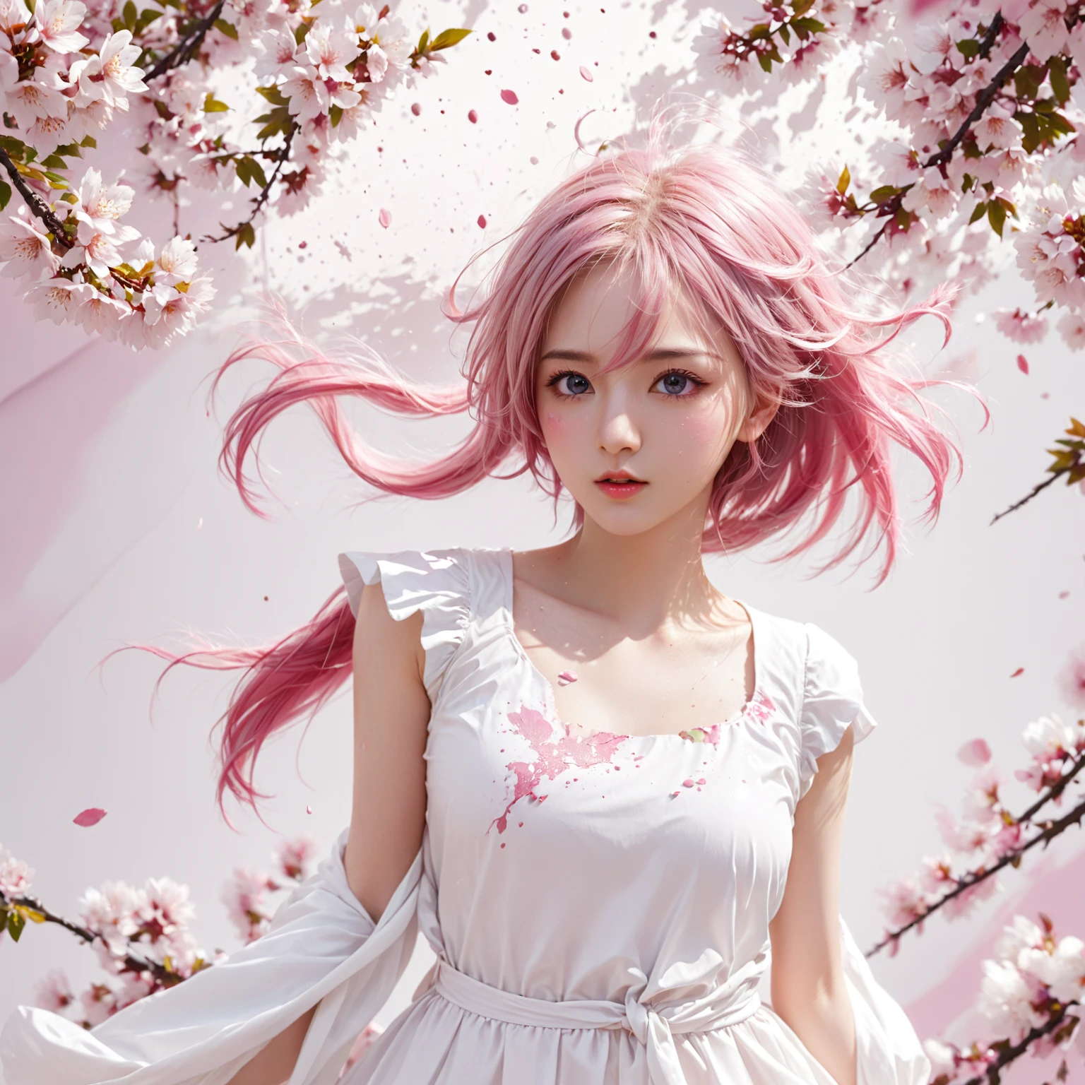 Light pink hair, pink eyes, pink and white, sakura leafs, vivid colors, white dress, paint splash, simple background, ray tracing, wavy hair