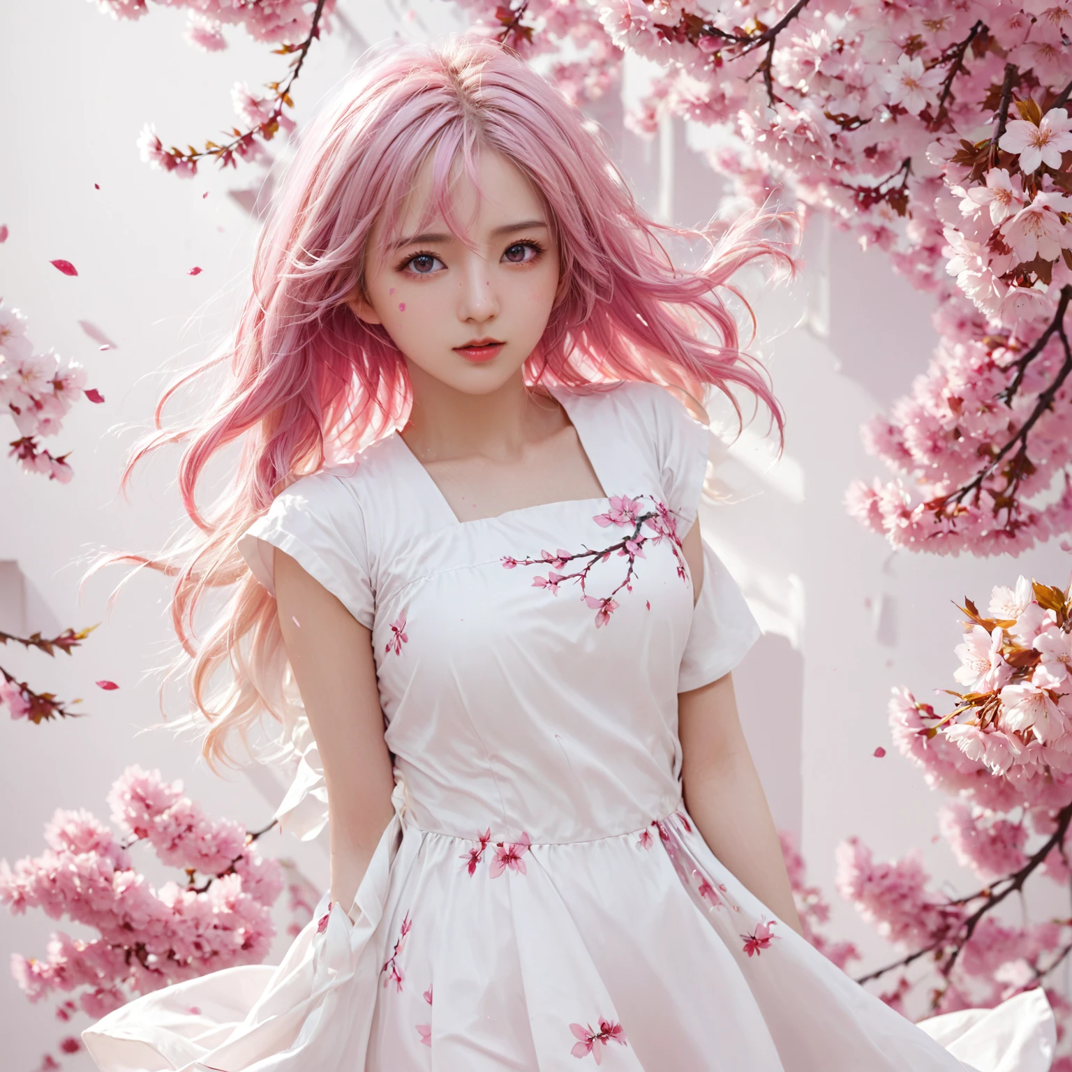 Light pink hair, pink eyes, pink and white, sakura leafs, vivid colors, white dress, paint splash, simple background, ray tracing, wavy hair