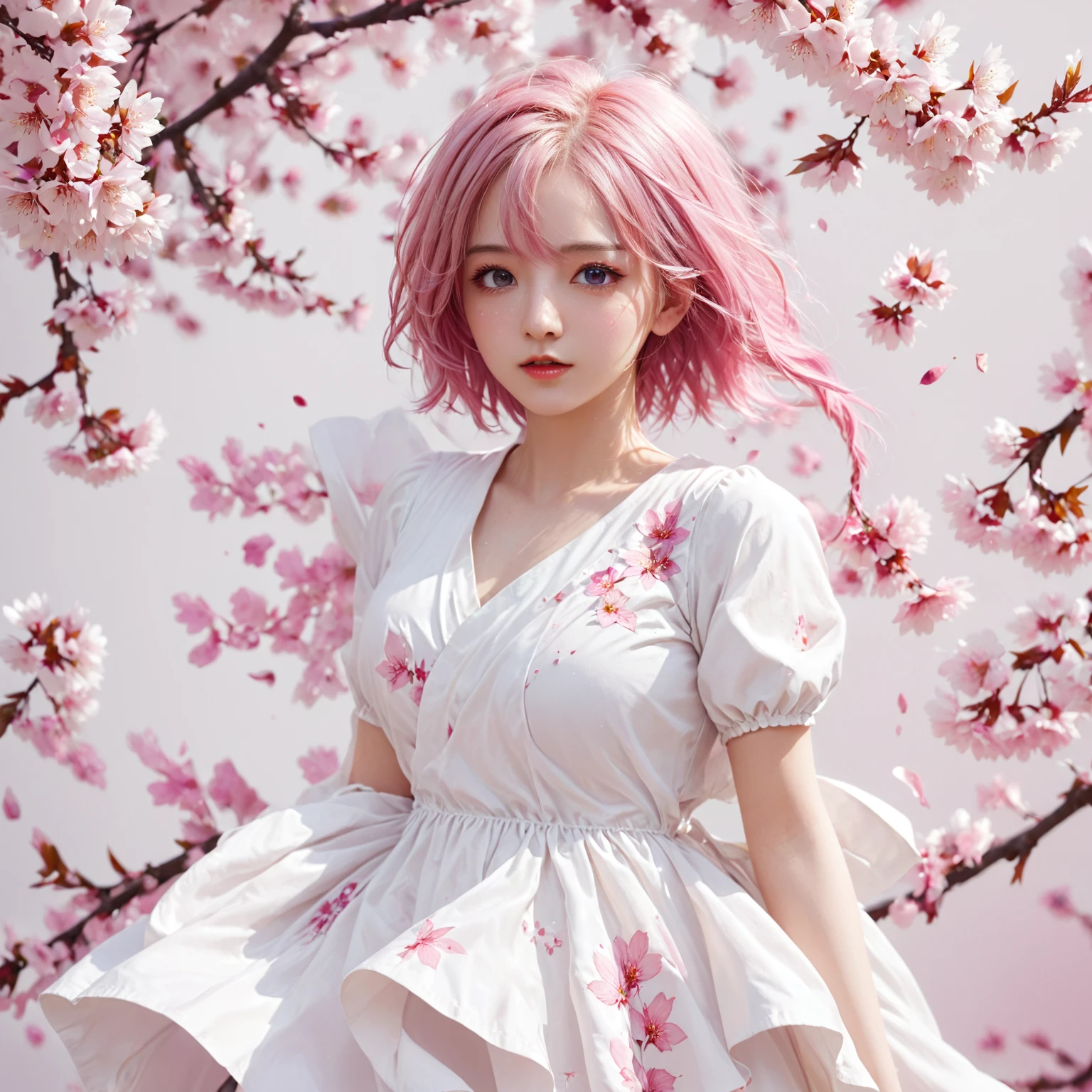 Light pink hair, pink eyes, pink and white, sakura leafs, vivid colors, white dress, paint splash, simple background, ray tracing, wavy hair