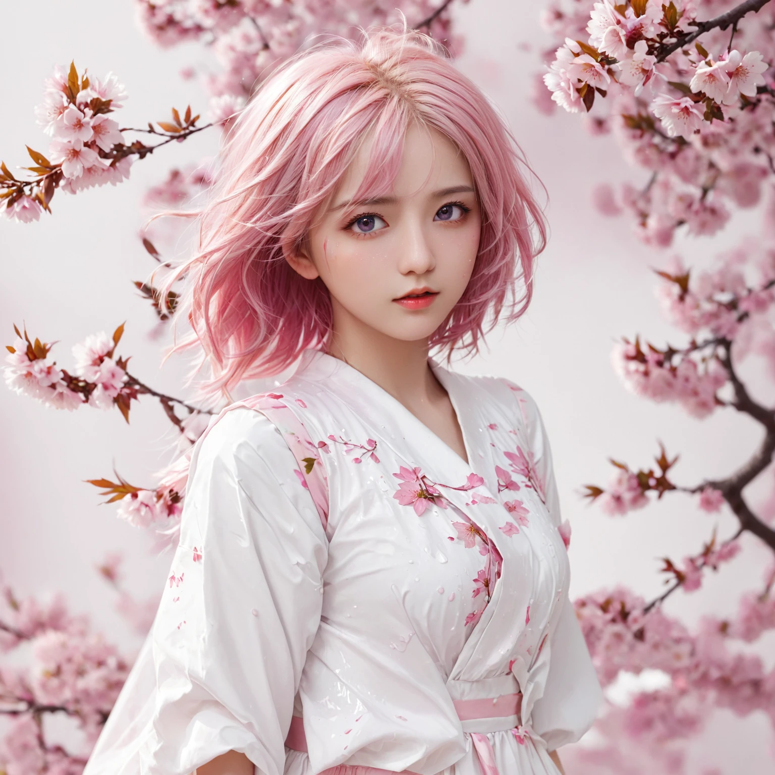 Light pink hair, pink eyes, pink and white, sakura leafs, vivid colors, white dress, paint splash, simple background, ray tracing, wavy hair