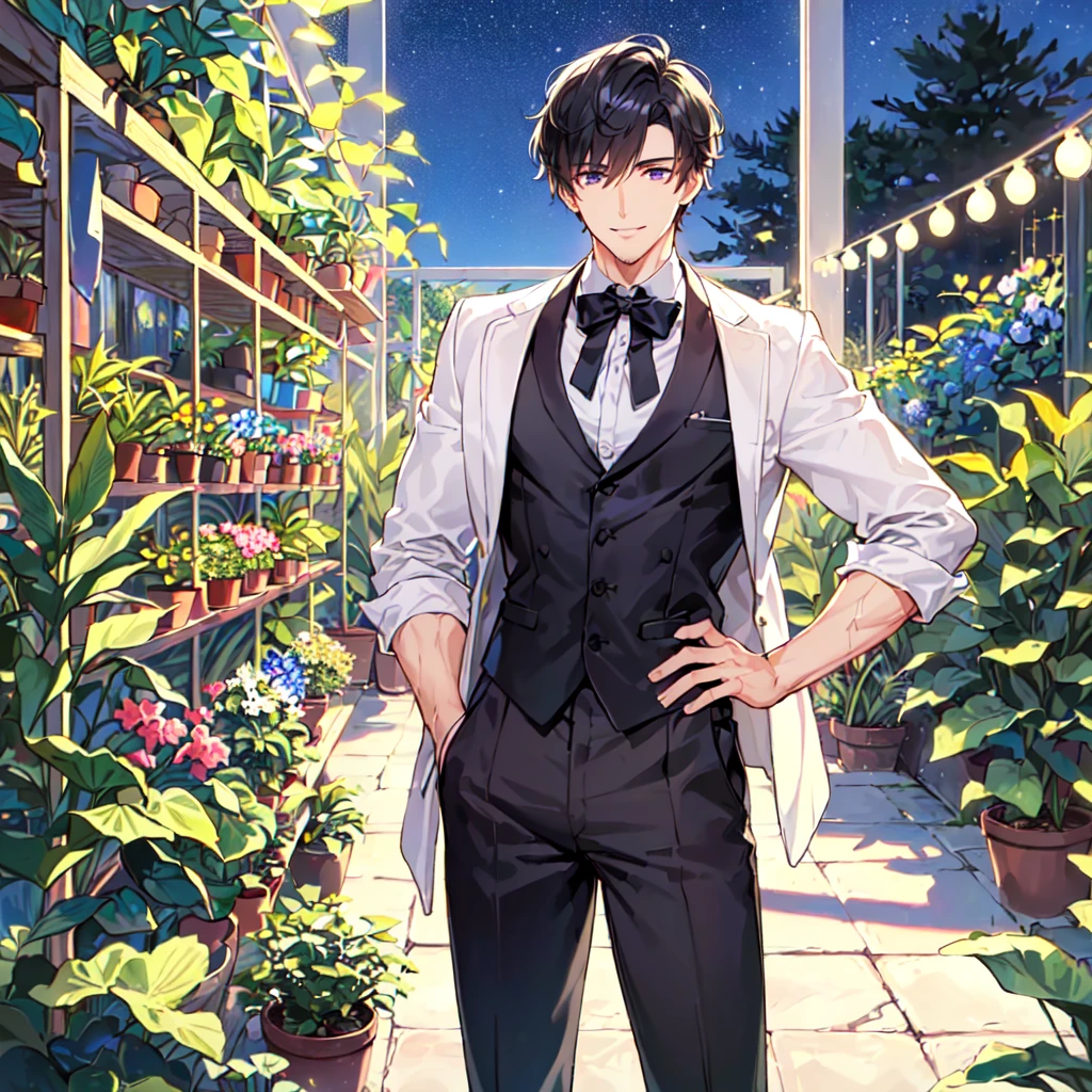masterpiece,best quality,high quality,(1male austere handsome solo adult age 30 years old:1.5), purple eyes, cool with suspended eyes, V-shaped eyebrows, body strong and fearless 8.5 head tall, height 185cm, (well-groomed black short hair down to neck:1.4), (bangs 7 thirds parted:1.4), slender nose, facial muscles, throat, (pants in houseplant print fashion:1.3), (standing), (stylish pose), (fearless smile:1.3), (botanical garden full of houseplants in background:1.5), (Night Sky:1.2), (upper body:1.3)