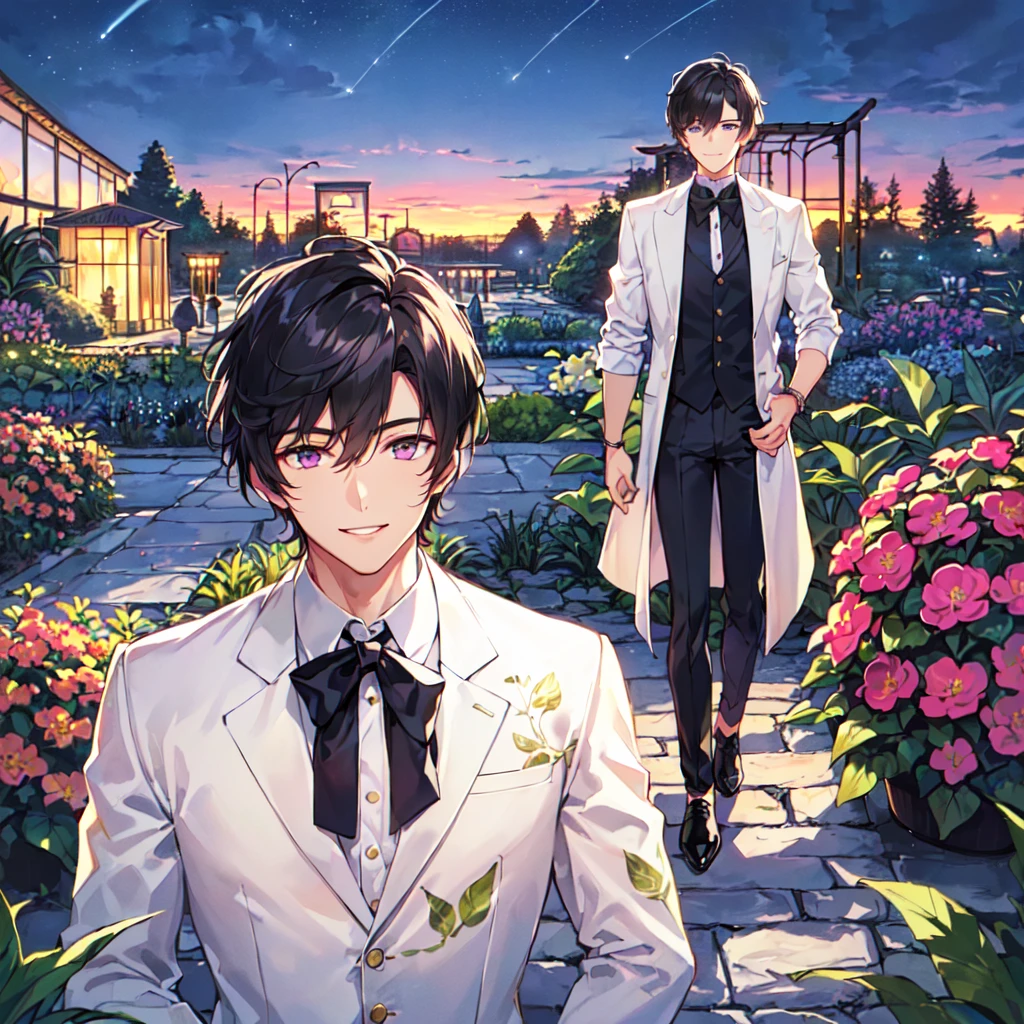 masterpiece,best quality,high quality,(1male austere handsome solo adult age 30 years old:1.5), purple eyes, cool with suspended eyes, V-shaped eyebrows, body strong and fearless 8.5 head tall, height 185cm, (well-groomed black short hair down to neck:1.4), (bangs 7 thirds parted:1.4), slender nose, facial muscles, throat, (pants in houseplant print fashion:1.3), (standing), (stylish pose), (fearless smile:1.3), (botanical garden full of houseplants in background:1.5), (Night Sky:1.2), (upper body:1.3)
