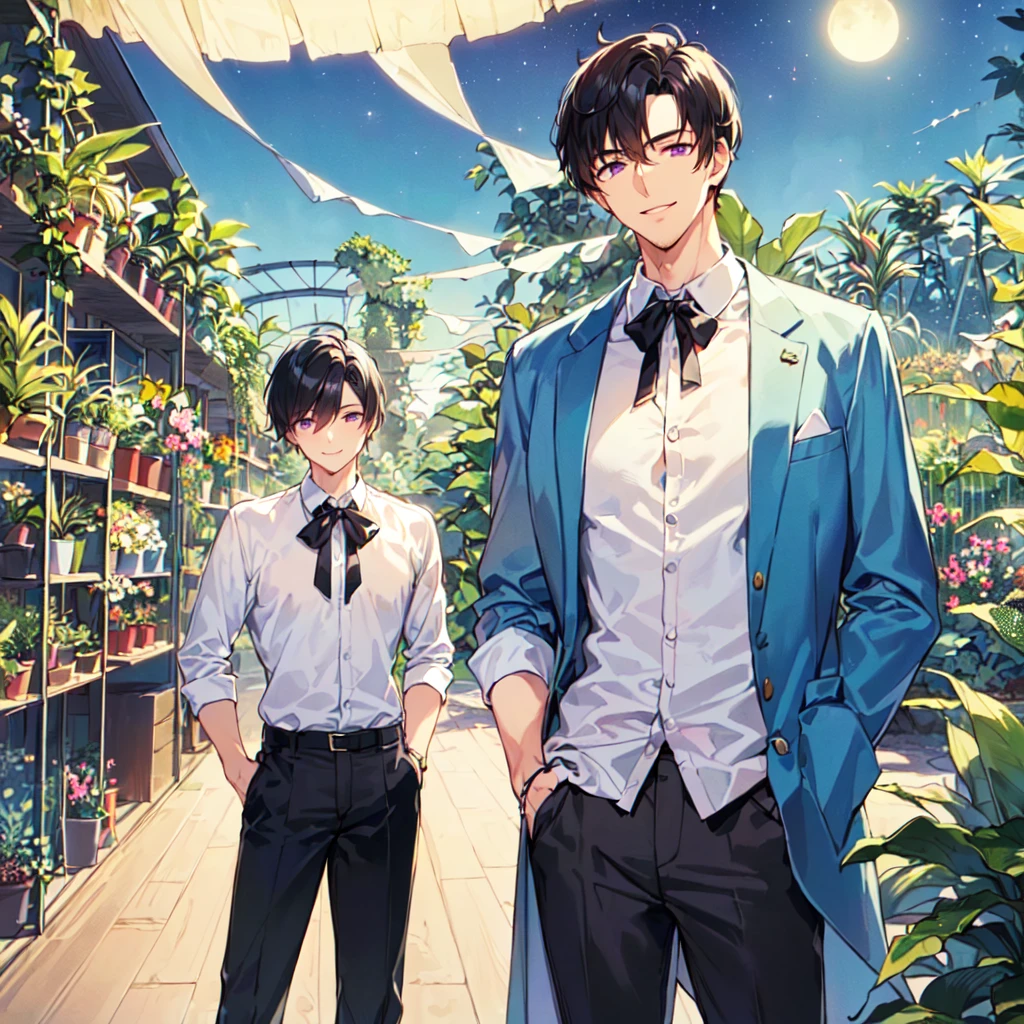 masterpiece,best quality,high quality,(1male austere handsome solo adult age 30 years old:1.5), purple eyes, cool with suspended eyes, V-shaped eyebrows, body strong and fearless 8.5 head tall, height 185cm, (well-groomed black short hair down to neck:1.4), (bangs 7 thirds parted:1.4), slender nose, facial muscles, throat, (pants in houseplant print fashion:1.3), (standing), (stylish pose), (fearless smile:1.3), (botanical garden full of houseplants in background:1.5), (Night Sky:1.2), (upper body:1.3)