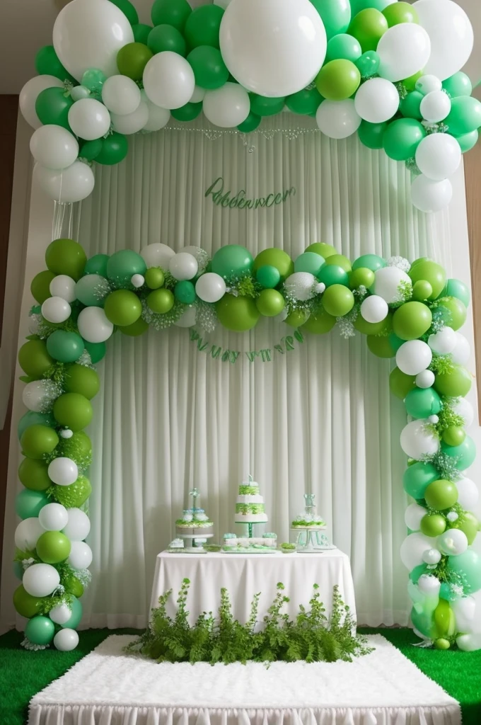 I want a baby shower decoration, with the green theme not very strong, a more baby green theme, I also want the child&#39;s name on the back "Pedro Lucas" I also want the teddy bears 