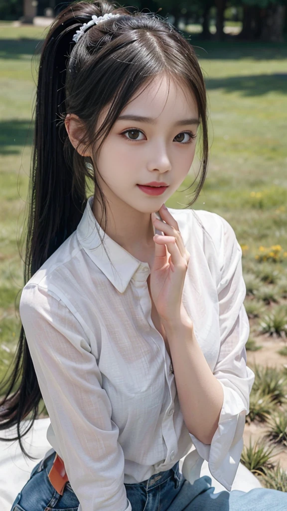 White collared shirt,jeans,Park,On the lawn,Close up face,One woman,masutepiece, The highest image quality, High quality, the background is clear,Beautiful woman, Japanese,Ultra-detailed, finely detail, hight resolution, 8K Wallpaper, Perfect dynamic composition, Beautiful detailed eyes , Detailed, Detailed eyes, Detailed skin, Beautiful skin, 超hight resolution, (reality: 1.4),Very beautiful woman, Slightly younger face, Beautiful skin, slender, (Ultra photo realsisim), (hight resolution), (8K), (Very detailed) (beautifully detailed eyes), (super detailed), (Detailed face), view the viewer, Fine details, Detailed face, Staring straight ahead, Staring straight ahead, photos realistic, Bright lighting, Professional Lighting, Black hair,poneyTail,a baby face,fourteen years old,Hairstyle: ponytail,Long ponytail hairstyle,slight smile,neat and tidy clothing,Beautiful Japanese KPOP idol photo, hair style is ponytail, my eyes are double and wide, baby face, smile and look straight ahead, slender, small breasts,Close up face,