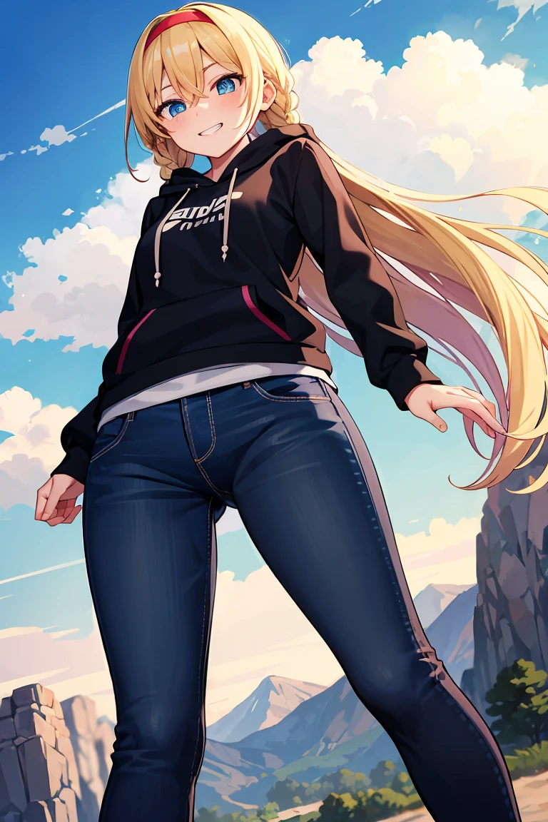 (masterpiece:1.2), (highest quality:1.2), perfect eyes, perfect face, perfect lighting, mountainous horizon, alice zuberg, bangs, blue eyes, blonde hair, hair between eyes, very long hair, braid, hairband, white hairband, cute eyes , ((((from below)))), closed mouth, vivid description,orgasm, I was scared, Ahegao, smile+Happy, tooth, anger, From the side, She is wearing pink shorts with jeans textured lace, wears hoodie in yellow modern style fashion, Are standing, arm behind back