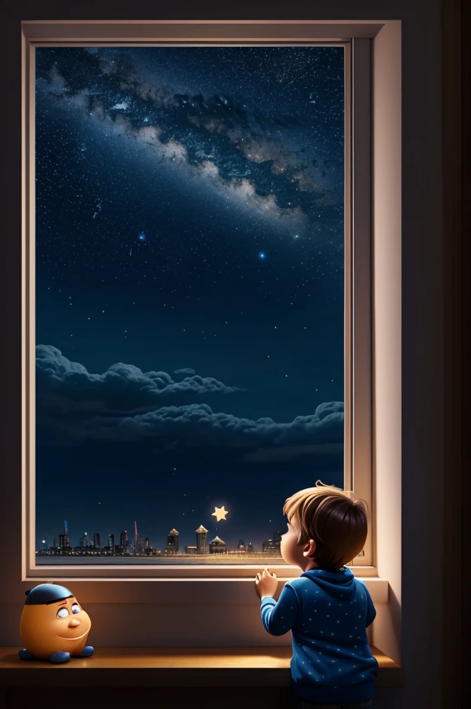 Cartoon image of A boy looking out of the window, night mode, stars. 3D Pixar animation