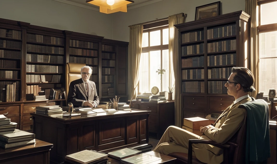 A dynamic montage of cosmic imagery, dreamscapesA dramatized reenactment of Jung's office in the 1950s. The office is warmly lit, filled with books and artifacts. A patient sits across from Jung, animatedly describing a dream.
