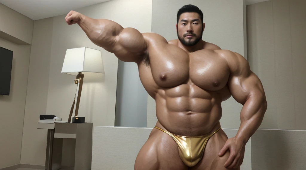 A handsome Asian actor，30 years old，Tall and handsome, Toned body，short hair, O-Shaped Beard，Perfect body, Dark and shiny skin，Smooth skin，The body is hairless，Muscle bulge, Muscular, Very large pectoral muscles，Very sexy abdominal muscles，Very well-developed leg muscles，Huge concave and convex area，Brightens oily skin，Wearing a gold leather shiny thong，Handsome face， Correct and accurate male body proportions, Ultra-high-definition 4K picture quality。
