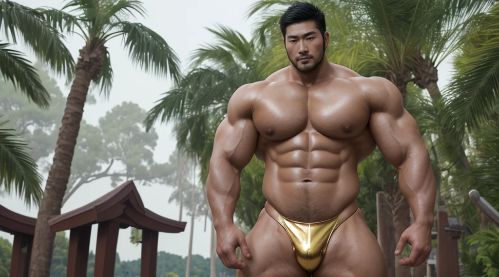 A handsome Asian actor，30 years old，Tall and handsome, Toned body，short hair, O-Shaped Beard，Perfect body, Dark and shiny skin，Smooth skin，The body is hairless，Muscle bulge, Muscular, Very large pectoral muscles，Very sexy abdominal muscles，Very well-developed leg muscles，Huge concave and convex area，Brightens oily skin，Wearing a gold leather shiny thong，Handsome face， Correct and accurate male body proportions, Ultra-high-definition 4K picture quality。
