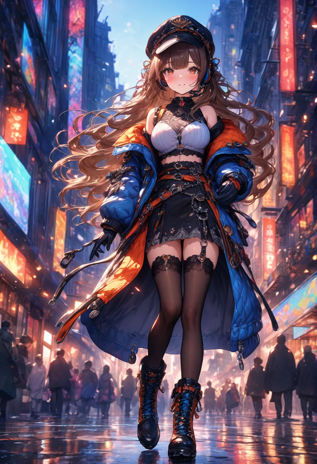 ((masterpiece:0), best quality, very aesthetic, newest, absurdres, detailed, high quality)
BREAK
highest quality, top quality, details, highres, ultra fine painting, digital art, official art, cinematic, 4k, 8k resolution, 8K CG wallpaper, CG, original artwork, detailed background, colorful background, blue atmosphere, High Dynamic Range, blurry background, blue hour, Starburst effects, crepuscular rays, good ISO, high resolution, wide shot, from far away, RAW photo, POV, sharp focus, light reflection, reflections, intricate details, soft light, particle noise, professional photography, bokeh, depth of field, natural lighting, vibrant colors, looking away, detailed lights and shadows, stylish, ultra-detailed, top rated on Pixiv, trending on Artstation, niji style, modern-days, master crafted, pose
BREAK
solo, 1girl, a girl, correct fingers, detailed hair, (medium big breasts:1.2), big thighs, short torso, short body, flushtered, blush, anxious expression, casual, slim, ((cute, childlike face):1.3), nice hips, nice body, brown hair, (long flowing hair:1.1), big 2 buns hairstyle, long bangs, long hair, middle hair bangs, brown eyes
BREAK
((colorful modern style), off shoulder crop top, short skirt, shoulder headset, jacket, cap, belts, straps, choker, headwear, gloves, boots, stockings, garterbelt, accessories, outfit ornaments, , (full body:1.3))
BREAK
a close up of a person walking down a street with a crowd of people, crowded street, crowded streets, in front of a large crowd, giant crowd, girl walking through city, people walking down a street