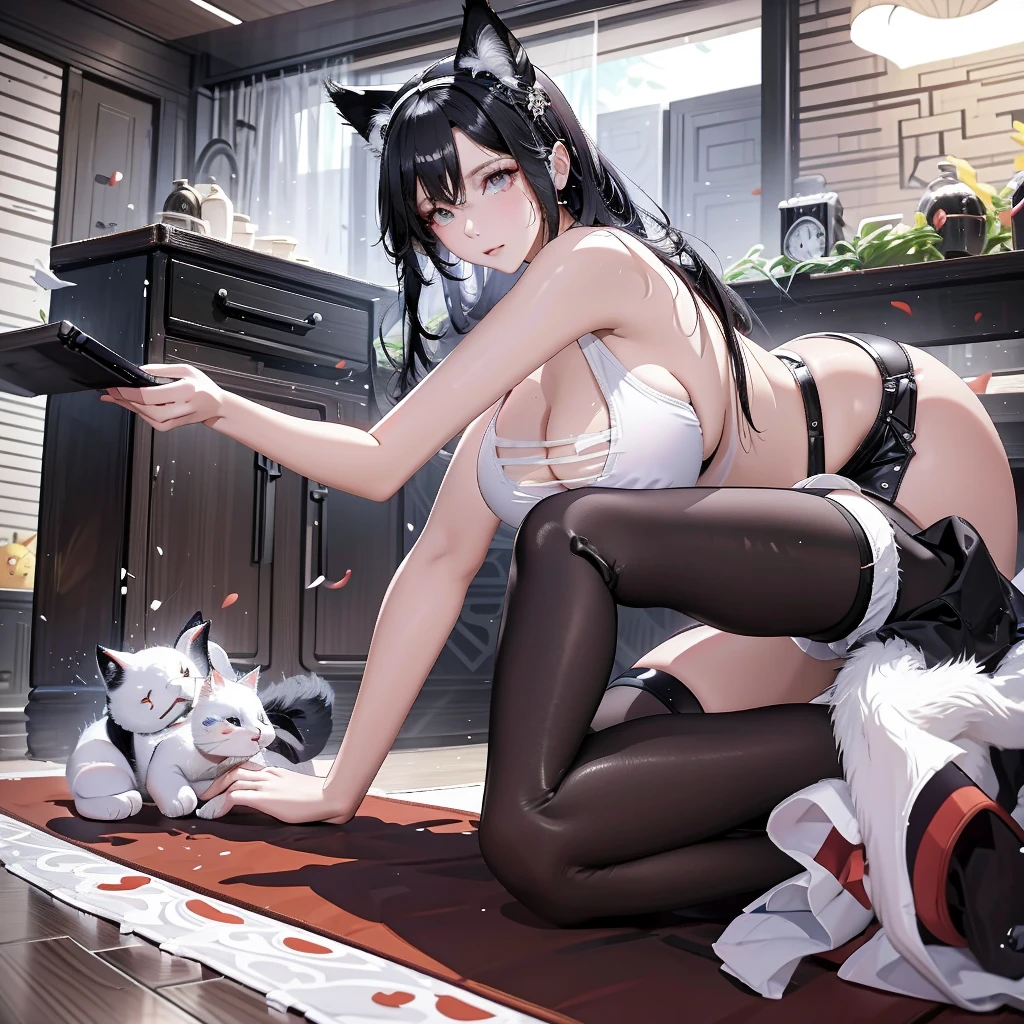 Taiwanese girl 18 years old with baby face and big breasts Asian woman wearing white shirt and black shorts lying on yoga mat,Anime Girls Cosplay,cat ears and tail, cat ears anime girl, Ahri from League of Legends is a girl wearing a maid outfit,have big breasts,There are three women in maid costumes,Doing push-ups on mat in gym,charming depiction,Lively and dynamic