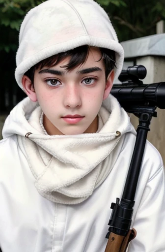 Teenage boy, eyes black, short black hair, 19yearsold, wearing white military camouflage clothing, wearing white hood, With a serious face, holding a sniper rifle, and a white scarf covering your mouth.