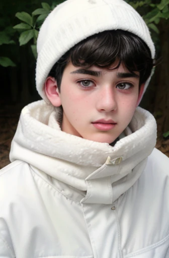 Teenage boy, eyes black, short black hair, 19yearsold, wearing white military camouflage clothing, wearing white hood, With a serious face, holding a sniper rifle, and a white scarf covering your mouth.