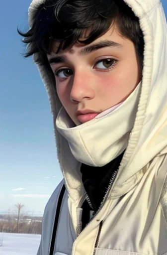 Teenage boy, eyes black, short black hair, 19yearsold, wearing white military camouflage clothing, wearing white hood, With a serious face, holding a sniper rifle, and a white scarf covering your mouth.