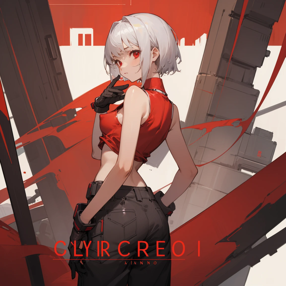 ((Highest quality)), ((masterpiece)), (Become familiar with), 1 girl, alone, Silver Hair,Brown Skin,Red eyes,Long trousers,Red sleeveless,((Red Shirt)),Clothes with a visible back, thin,thin,short hair,Small breasts, Erect nipples, gloves, cyber punk,sf