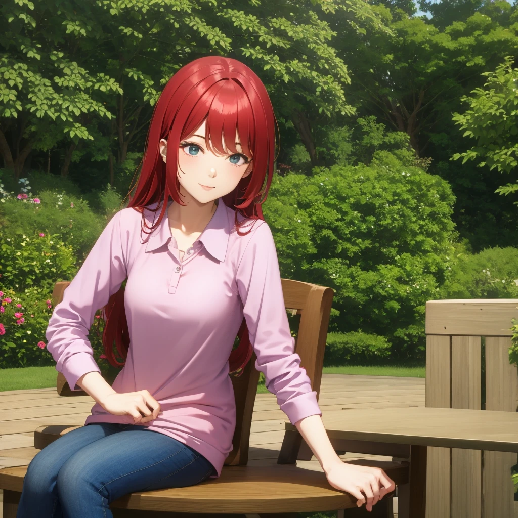 Pretty asian woman, bright red hair, blue jeans, flower shirts, cute, sitting in a chair