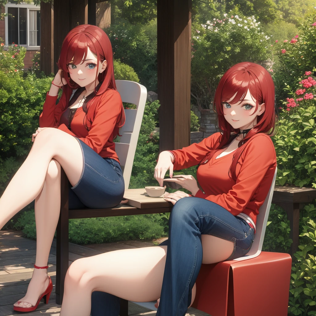 Pretty asian woman, bright red hair, blue jeans, flower shirts, cute, sitting in a chair 