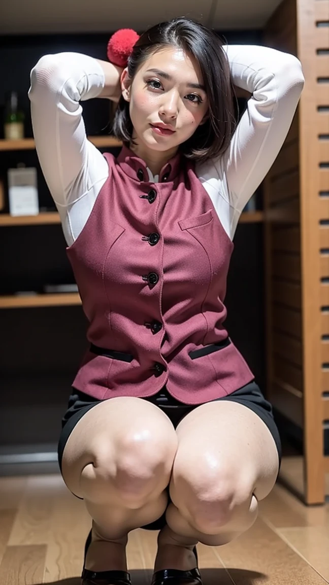 Mature woman in uniform,50 years old、Wine red beret、 Tight Skirt、Wine red vest、White shirt,Place your hands behind your head to expose your armpits、Face forward and squat on the floor with your legs slightly apart.、The face has a serious expression、Inside the Japanese sweets shop、Short Bob Cut、Black Hair、ccup、Feminine, slim, exposed thighs、Wearing flesh-colored stockings