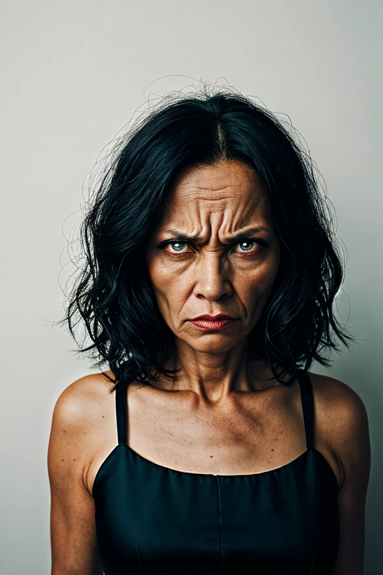 portrait, woman 40 years old, angry, black hair, Red eyes, black dress