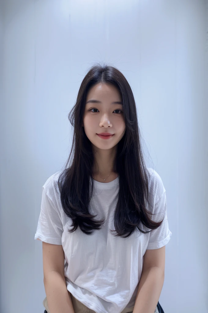Best Quality, 8k, Masterpiece, (Portrait: 1.3), (photo realistic:1.4), (hyper realistic:1.4), Sharp Focus, looking at viewer, (smoother lighting:1.1), (increase cinematic lighting quality:0.9), realistic lighting, backlighting, light on face, ray trace, (brightening light:1.2), (Increase quality:1.4), sharp detail, (best quality real texture skin:1.4), finely detailed eyes, black_eyes, finely detailed face, 25 year old Korean woman, (T-shirt:1.4), (Create an image maintaining the orig.smiling_face