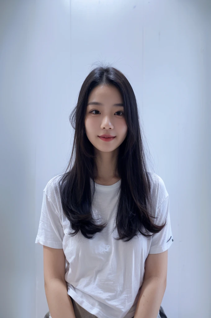 Best Quality, 8k, Masterpiece, (Portrait: 1.3), (photo realistic:1.4), (hyper realistic:1.4), Sharp Focus, looking at viewer, (smoother lighting:1.1), (increase cinematic lighting quality:0.9), realistic lighting, backlighting, light on face, ray trace, (brightening light:1.2), (Increase quality:1.4), sharp detail, (best quality real texture skin:1.4), finely detailed eyes, black_eyes, finely detailed face, 25 year old Korean woman, (T-shirt:1.4), (Create an image maintaining the orig.smiling_face
