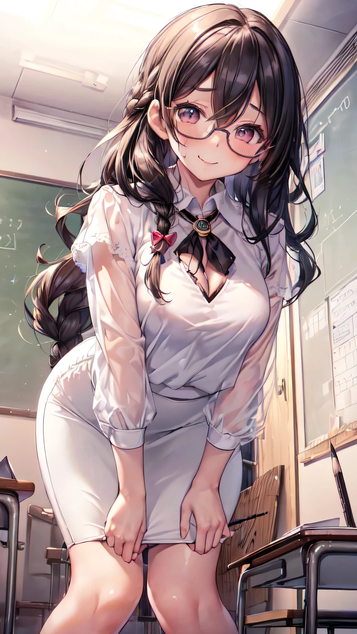 (Ultra-high resolution of the highest quality, masutepiece, Best Quality, 8K, Super Detail, Best Quality:1.3), (Anatomically correct:1.2), (1 elementary school female teacher:1.6), (large breasts:1.1), (drooping eyes:1.3), (blush cheek, blush body:1.3), (wavy hair, braid hair:1.2), (long hair:1.2), (black hair:1.2), (glasses:1.3), (white blouse, pencil skirt:1.7), (class room:1.1), front view, Extremely cute, (extremely detailed beautiful face), Authentic skin texture, beautiful hair, beautiful face, beautiful eyes, beautiful body, beautiful hands, (clothed:1.6), (aroused, naughty face, seductive smile:1.6), (hair over eyes:1.5), (looking down:1.3), (face focus:1.6), cleavage breasts focus, (from below:1.3), (standing:1.2), (slouching forward:1.3), (Put hands on knees:1.3)