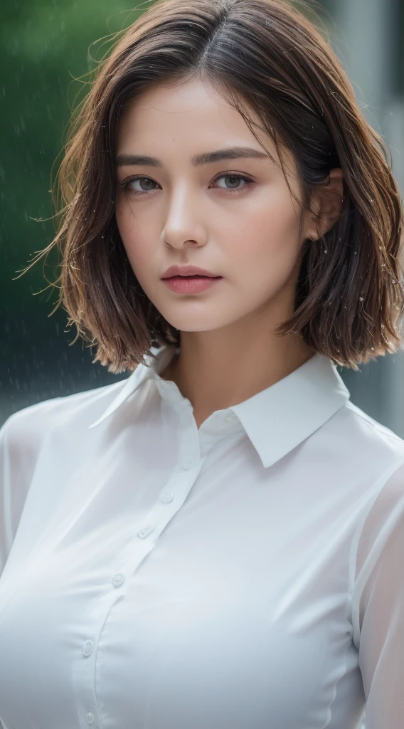 ((Best Quality, 8K, Masterpiece: 1.3)), Sharp: 1.2, Perfect Body Beauty: 1.4, Slim Abs: 1.2, ((Layered Hairstyle, Big Breasts: 1.2)), (Wet White Button Long Shirt: 1.1), (Rain, Street: 1.2), Wet: 1.5, Highly detailed face and skin texture, detailed eyes, double eyelids, side face looking at the camera