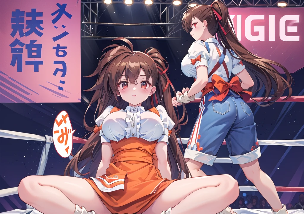 master peace, best quality, highly detailed, insanely detailed, 4K, wrestling ring, wrestling ring, takeuyuka very long hair hair bow, frilled shirt, underbust, ribbon, fingerless gloves, white gloves, waist apron, orange skirt, socks, toeless legwear