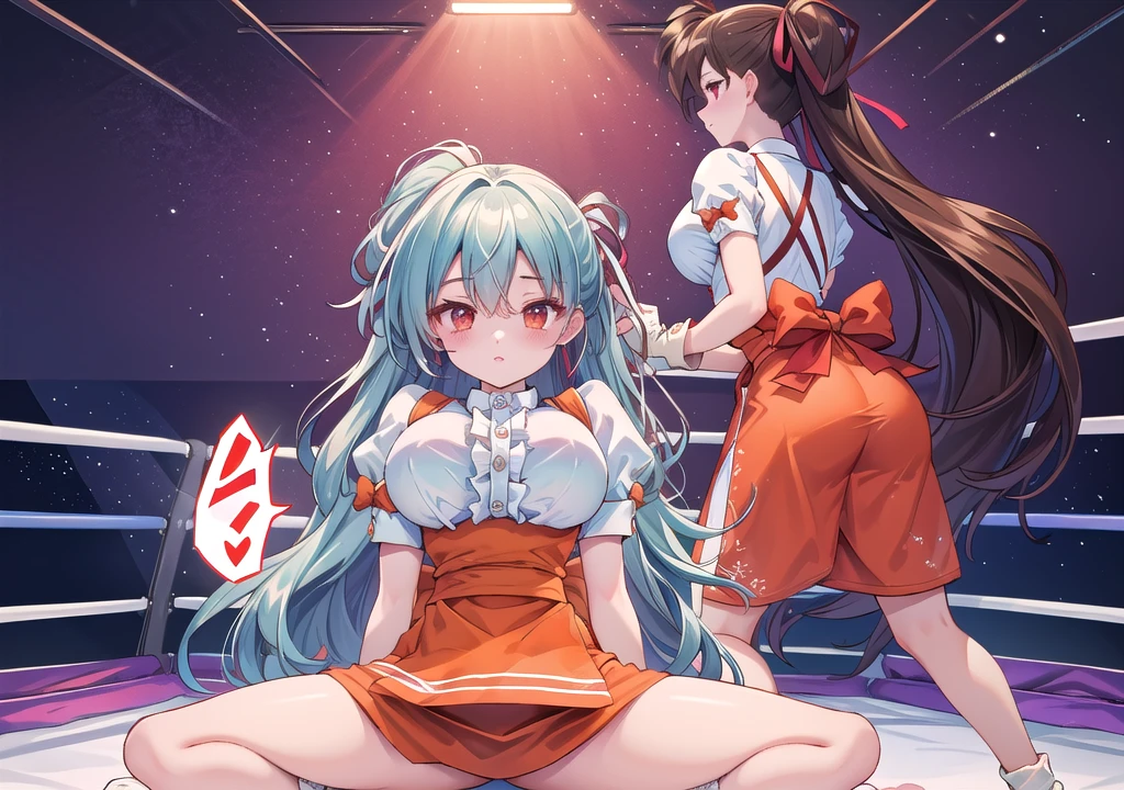 master peace, best quality, highly detailed, insanely detailed, 4K, wrestling ring, wrestling ring, takeuyuka very long hair hair bow, frilled shirt, underbust, ribbon, fingerless gloves, white gloves, waist apron, orange skirt, socks, toeless legwear