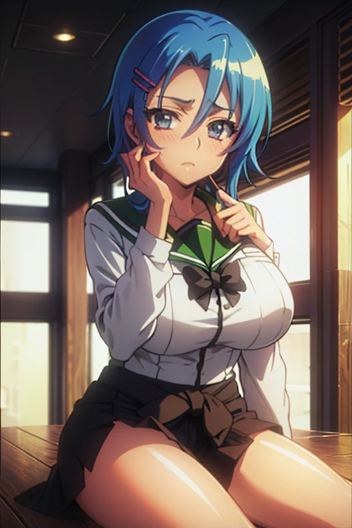 ((masterpiece,Highest quality,Ultra high definition,High resolution,8K,Ultra high definitionCG))Browsing Caution,Clear margins,A very beautiful adult woman in her 20s,1 person,Attractive figure,Very ample large breasts,(A drawing from the waist up),((Sunburned skin)),(Blue Hair),Thin eyebrows,She pinned her hair behind one ear.,shoulder-length hair,Center-parted bangs,Cute eyes,A slightly shy face,(Student Council President,school uniform),Climax,Hair clip
