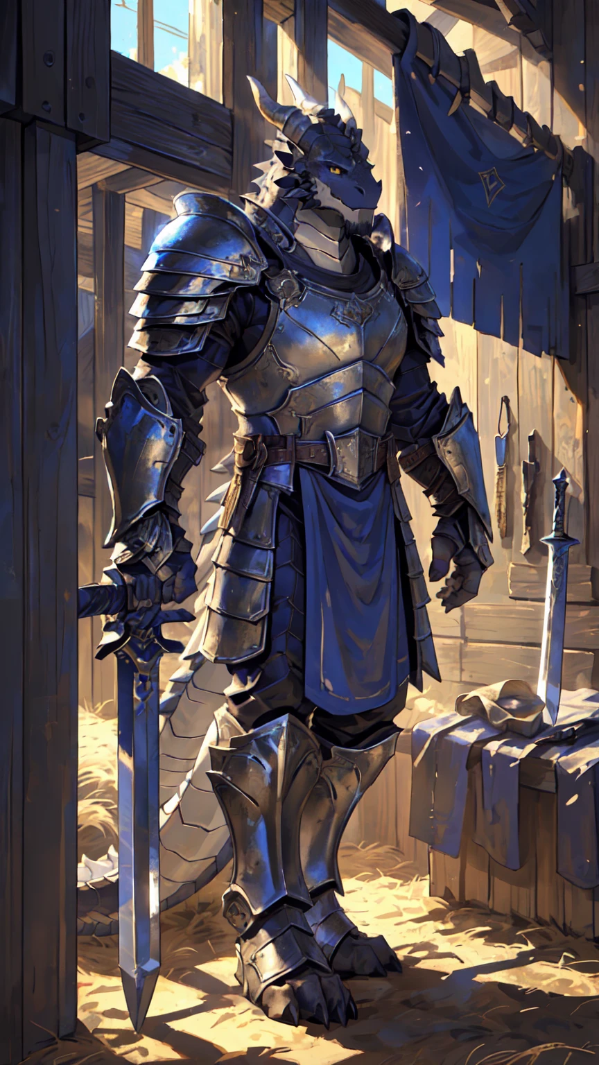 Medieval background:1.6,((Crusu:1.6)),Sunlight,high resolution,4K,gay,(((whole body:1.1))),masterpiece,high quality,Calm and calm,((dragon)),male,(((Training in the barracks:1.3))),dragonFurry,(teenager:1.3),hairy,((Stable,Handsome face:1.4)),((peaceful)),((Holding a long sword:1.3)),(((strong:1.4,Long legs:1.3,粗壮dragon尾:1.2))),(((Gray head:1.2,Golden pupils:1.1,White neck:1.3,Gray back of hand:1.4,White muscles:1.3))),(((White Armor:1.3,Armor has a blue banner:1.4))),Mature face,Exquisite eyes,Detailed body,Detailed hands,Detailed feet,Kenket's style