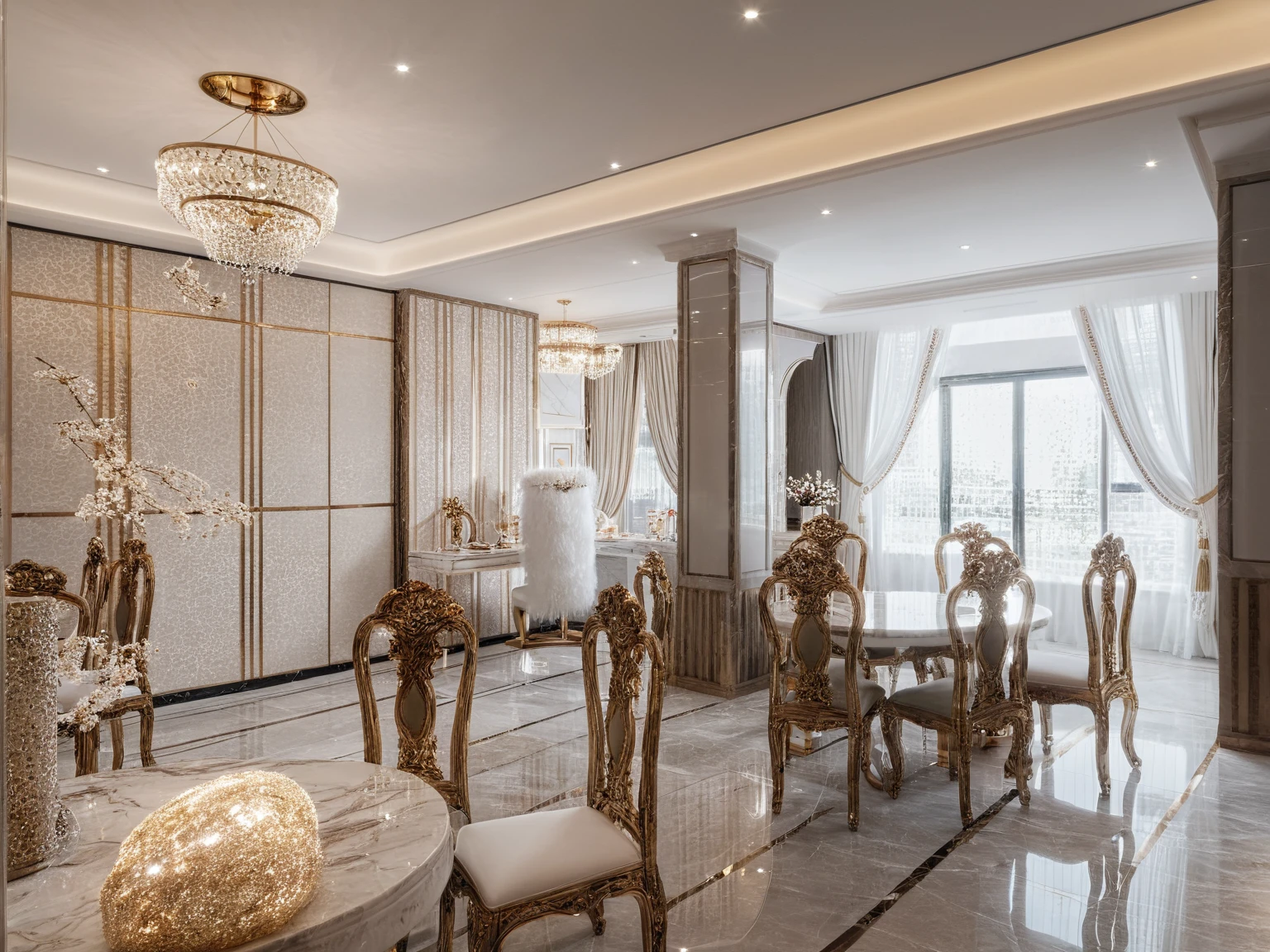 ,Masterpiece, Best quality,8K, Ultra-high resolution,When you step into the ( restaurant : 1.1) ,Immediately surrounded by a rich atmosphere of luxury. The space was covered with a soft white fluffy blanket,It is so comfortable,So much so that you can't help but indulge in it。Embellished with precious porcelain and white-off gold ornaments。Whenever it is late afternoon,The afterglow from the window spilled on the floor,Soft light and shadow are reflected,It was as if entering a dreamland. ((Wooden chair and table : 1.3)), ((COLUMN MIRROR : 1.3))