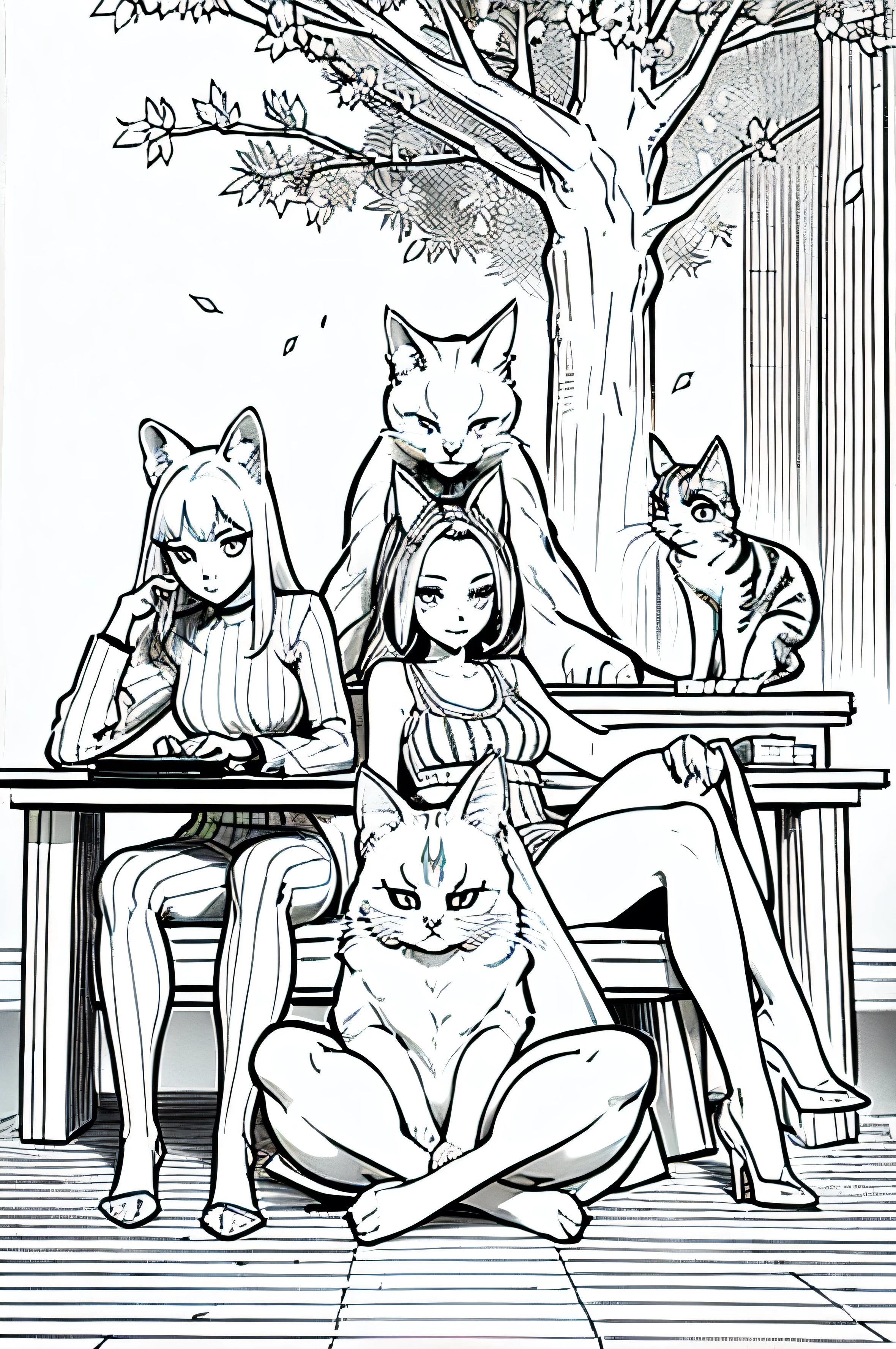 Three different cats sitting together: a fluffy Persian, a sleek Siamese, and a striped Tabby. reasonable design, Clear lines, (lineart, monochrome)