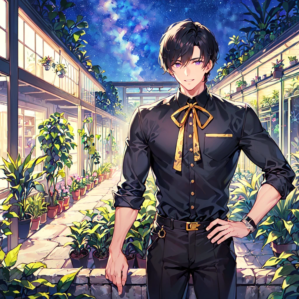 masterpiece,best quality,high quality,(1male austere handsome solo adult age 30 years old:1.5), purple eyes, cool with suspended eyes, V-shaped eyebrows, body strong and fearless 8.5 head tall, height 185cm, (well-groomed black short hair down to neck:1.4), (bangs 7 thirds parted:1.4), slender nose, facial muscles, throat, (pants in houseplant print fashion:1.3), (standing), (stylish pose), (fearless smile:1.3), (botanical garden full of houseplants in background:1.5), (Night Sky:1.2), (upper body:1.3)