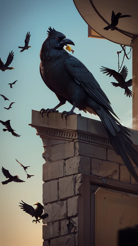 there is a black bird that is standing on a ledge, pet bird, taking a smoke break, with a cigar in its mouth, sentient bird, crows beautiful, crow, dark crow, crows as a symbol of death, crows, they are smoking, cigar, with dark ghosts smoking around, crows, smoking a cigar, black crows