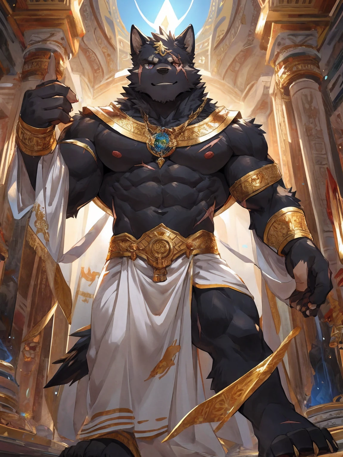 embedding:black wolf, male,Scar on the face, scar on the body,Single person,black fur,Toga,Costumes of ancient Greece,White clothes,Gold decoration,sacred,Expressions and movements full of divinity,The highest quality of scene detail,adult,Tall and powerful,muscle,Best quality hands, best quality eye,detailed fur,Delicate eyes.Extreme picture quality,by sollyz,by zixiong,by milkytiger1145